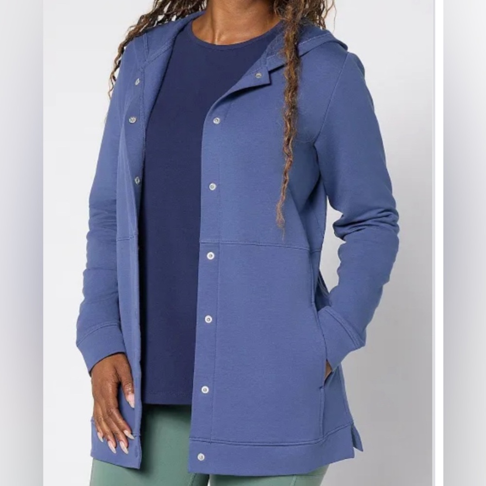 New Denim & Co. Active Brushed Back French Terry Tunic Jacket Indigo size Large